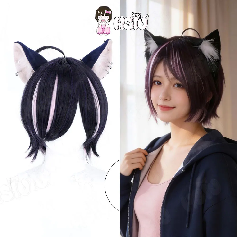 Chainsmoker Cat Cosplay Wig Black and purple mixed pink short Heat Resistant Synthetic Hair Anime Yani Neko Cosplay Wig