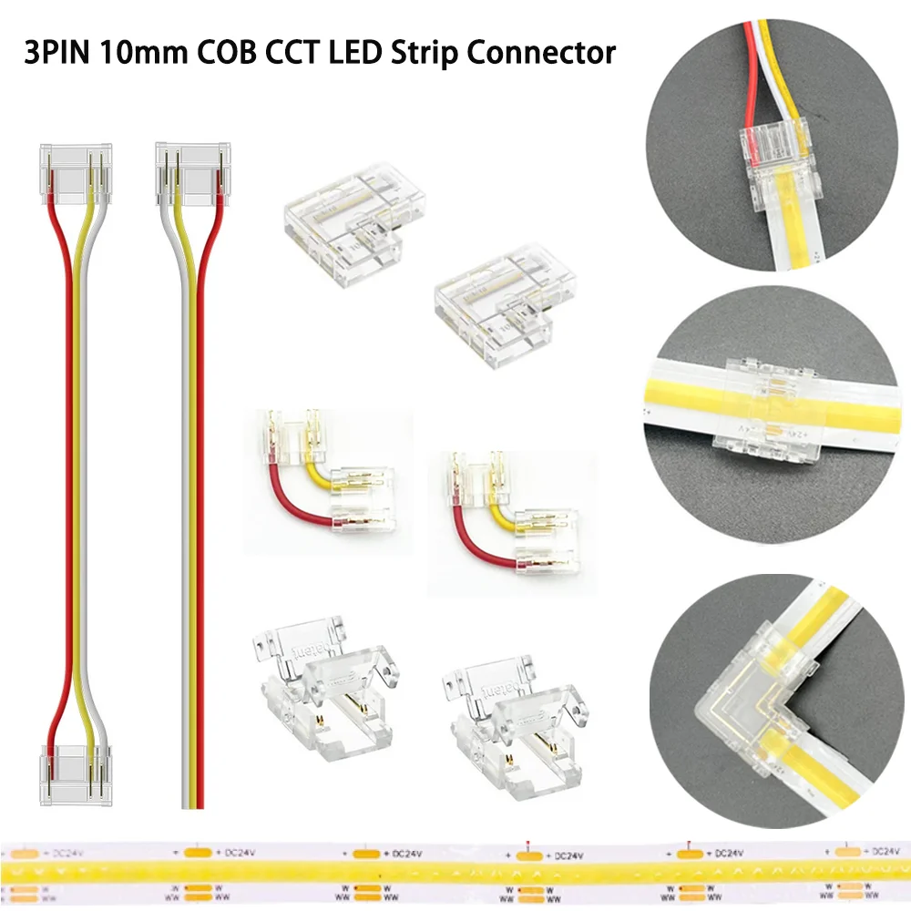 5pcs 3Pin CCT COB LED Strip Fast Connector 10mm Solderless FOB Light Solder Free Strip to Strip / Wire L Connector Mini Buckle