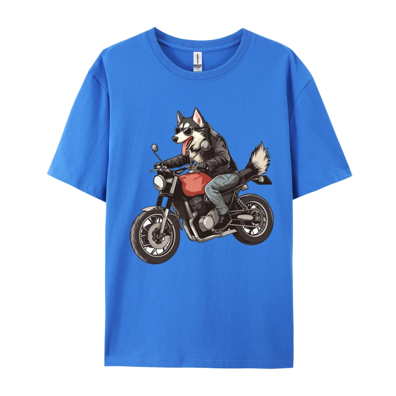 Husky Rides A Motorcycle T-shirt Dog Hip hop Fashionable Tops Shirts Animals O-Neck 100% Cotton Adult T-Shirt Men Brand Clothing