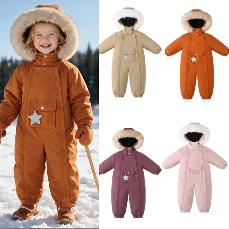 Children's Clothing Ski 2026 Winter Fashion Windproof Big Wool Collar Jacket Thickened Warm Outdoor Girls Cotton Clothes