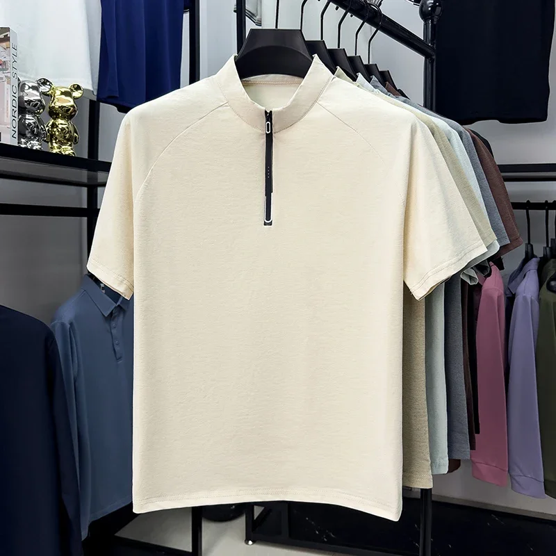 Camiseta de manga corta para hombre, lisa, con media cremallera, cuello mandarín, manga raglán, ajustada, transpirable, para viajes y diversas ocasiones.