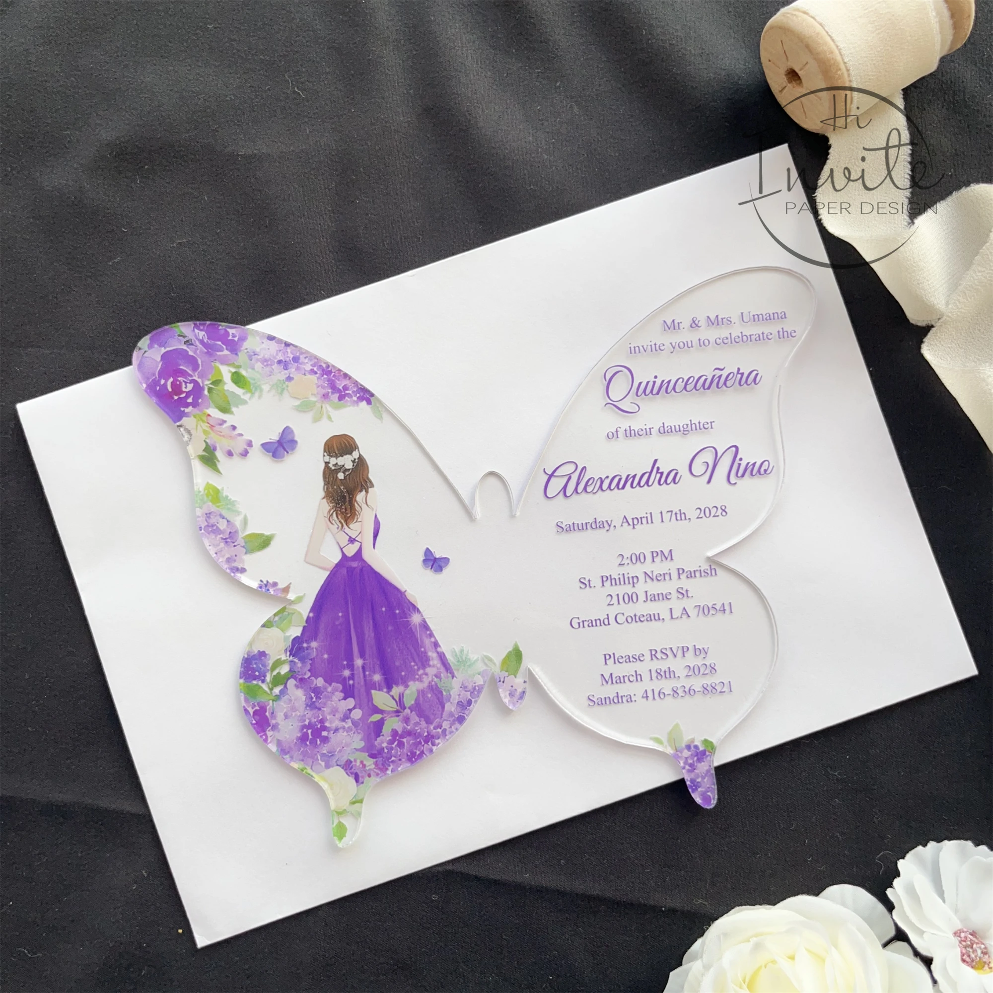 

Purple Butterfly Rose Girl Quinceañera Invitation, Sweet 15 Birthday Invite, Personalize Your Modern XV Anos Invite