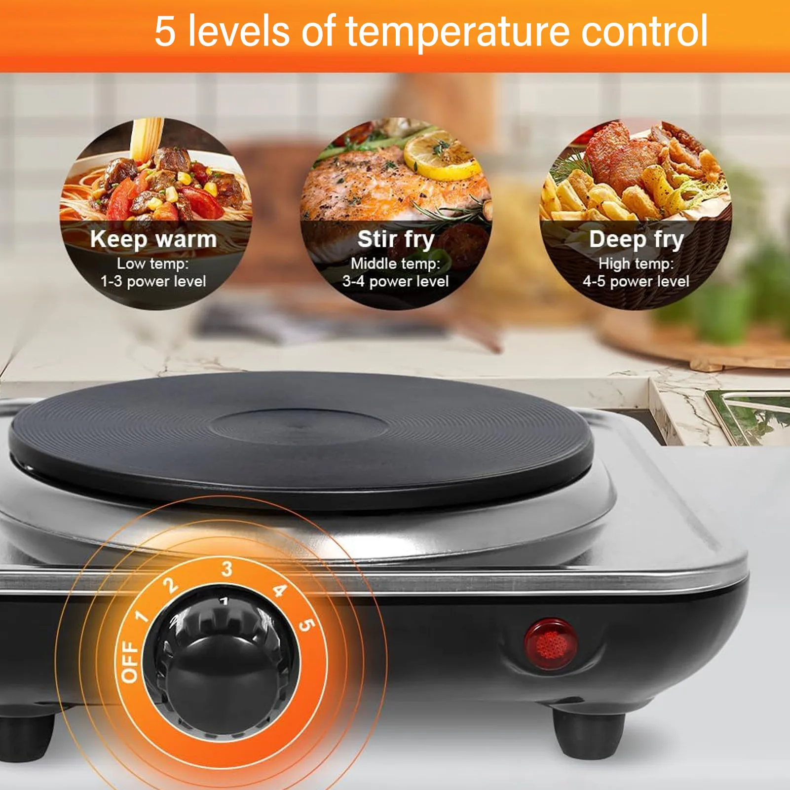 1000W Electric Countertop Single Burner 5 Level Temperature Control Hot Plate for Cooking Stainless Steel Base 220V