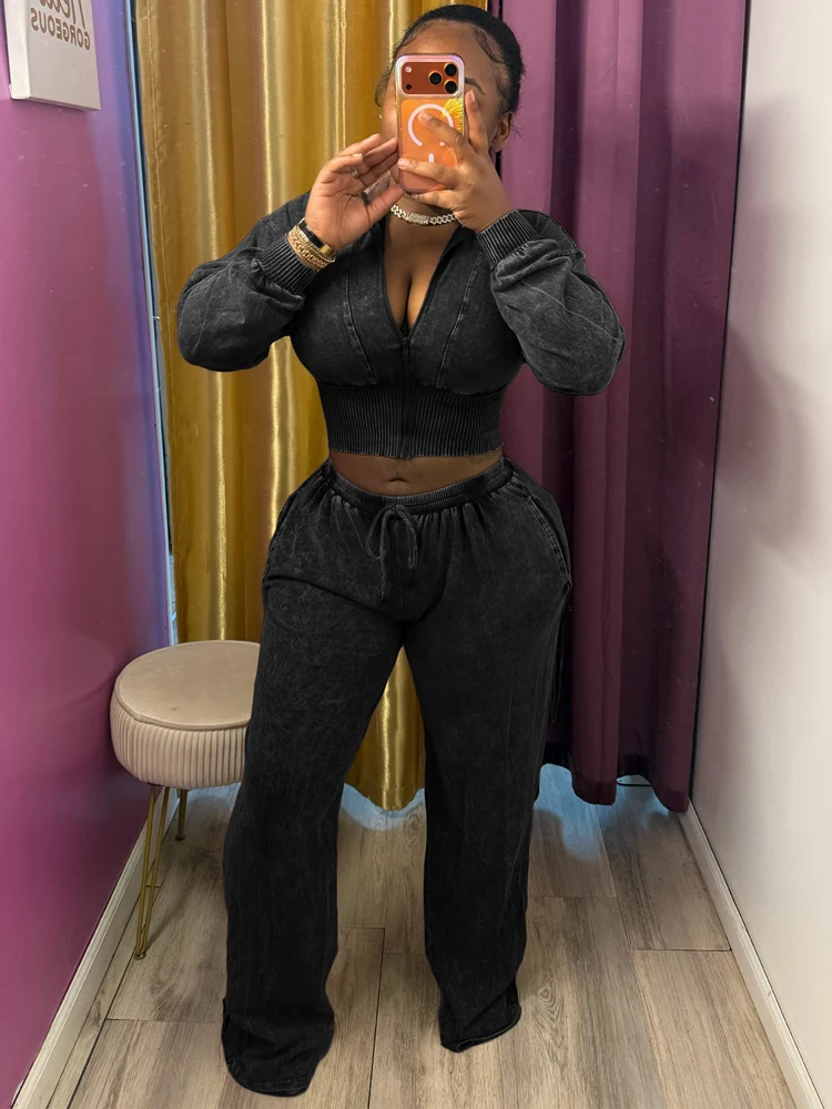 JENYAGE Damen 2-teiliges Vintage-Outfit, Stretch-Crop-Top mit Reißverschluss vorne, elastische Hose mit Kordelzug und weitem Bein, lässiges Loungewear-Set – Detail 2
