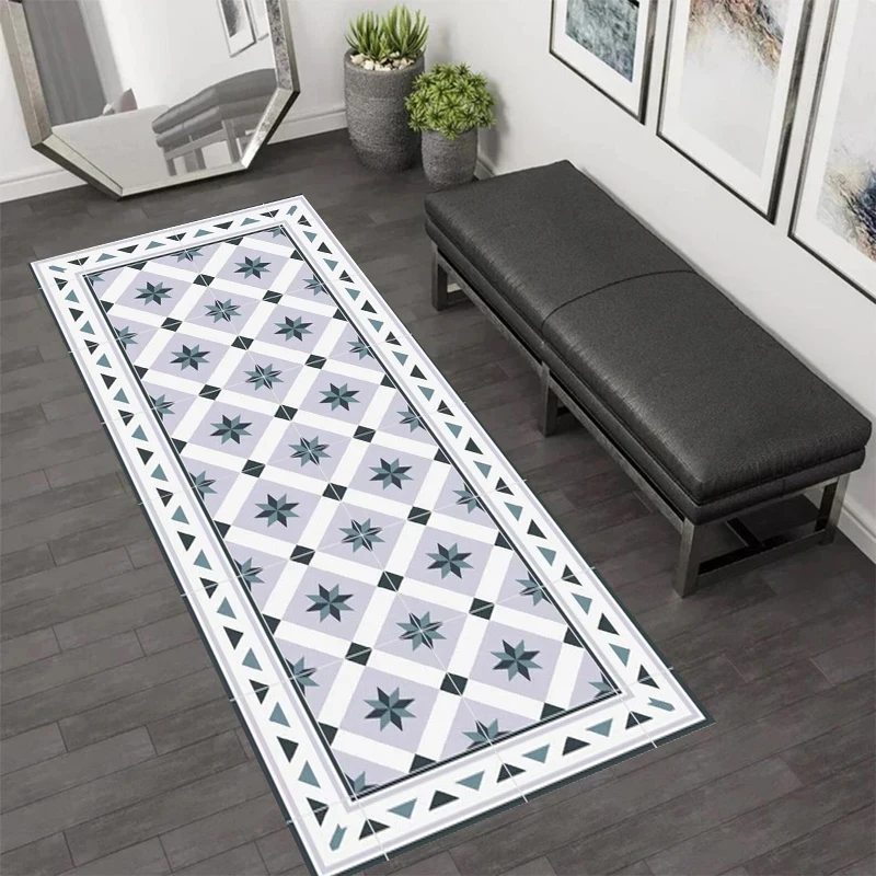 VIKAMA Retro Geometric Star Tile Runner Rug, Non-Slip Grey Blue Floor Mat for Hallway, Kitchen & Entryway
