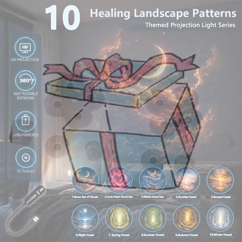 【CCA】USB Healing Landscape Projector Light 10 Patterns Flexible Rotation Moon Cloud Sea Forest Coast Projection Lamp For Bedroom