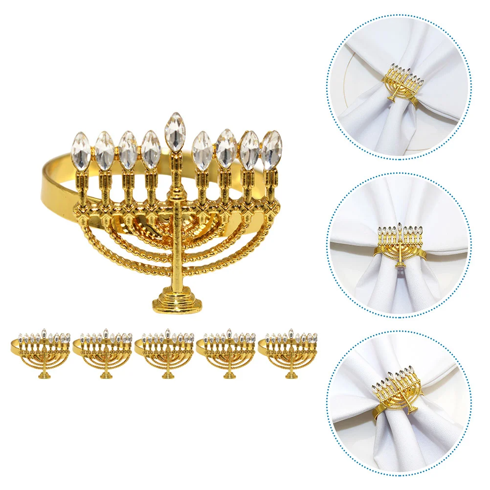 

6 Pcs Elegant Napkin Menorah Shaped Gold Holders for Hanukkah Decorative Black Taper Candles Shape Napkin Buckle