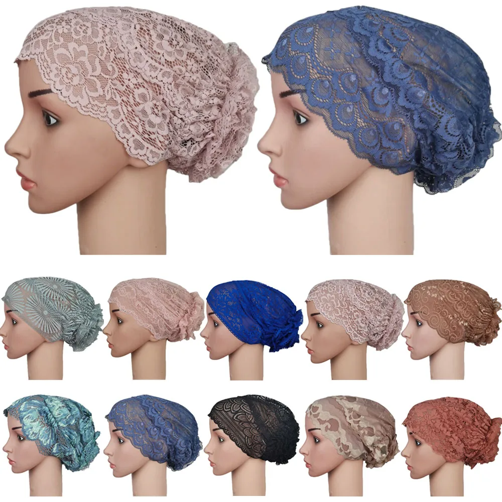 20PCS Women Ladies Muslim Inner Hat Scarf Lace Turban Underscarf Cap Ninja Islam Headscarf Head Wrap Cover Hair Bonnet Headwear