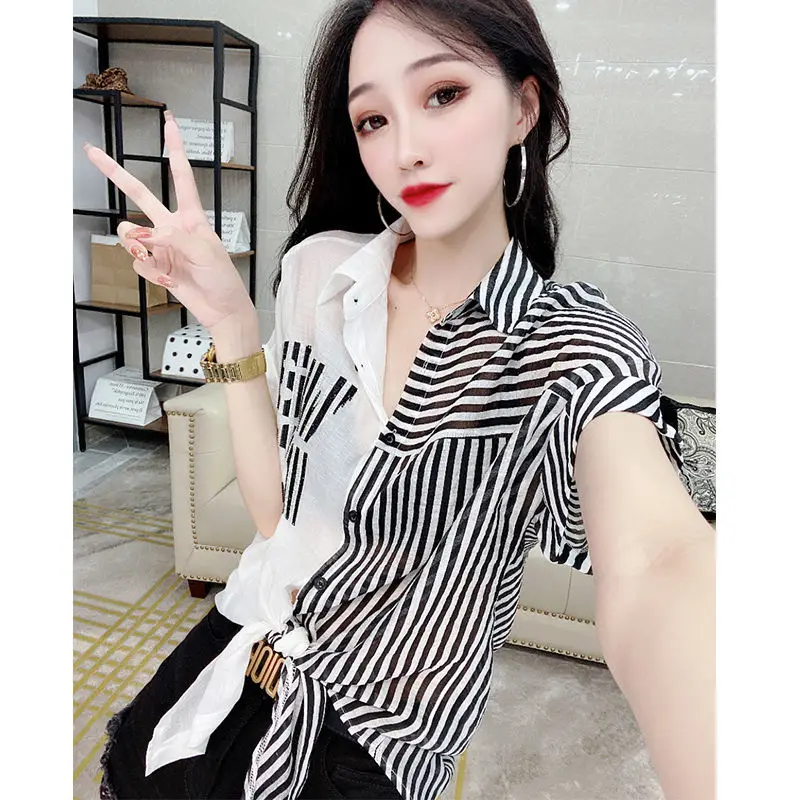 Summer Woman Clothes Striped Short Sleeve Shirt Loose Casual Elegant Fashion European Style Chiffon Tops Thin Color Collision