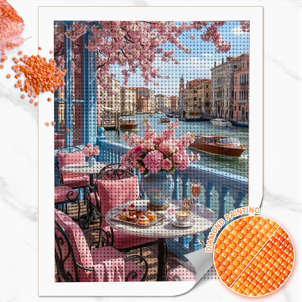 

Huacan Diamond Painting City Afternoon Tea Diamond Embroidery Landscape Complete Kit Home Decoration