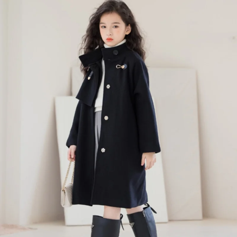 

Girls Woolen Coat Overcoat Jacket Windbreak Outerwear 2024 Belt Warm Thicken Winter Warm Snowsuits Christmas Gift Children's Clo