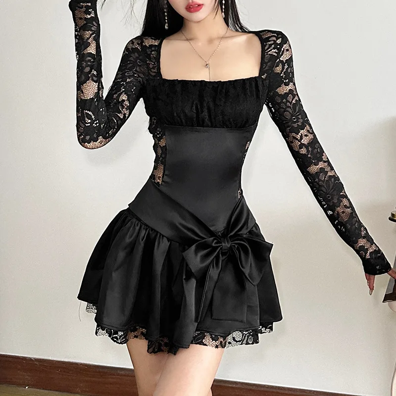 JHJN temperamento mujeres Mini falda de encaje de manga larga Vestido cuadrado cuello grande Vestido con lazo pliegues Vestido elegante de malla dulce Vestido de niña