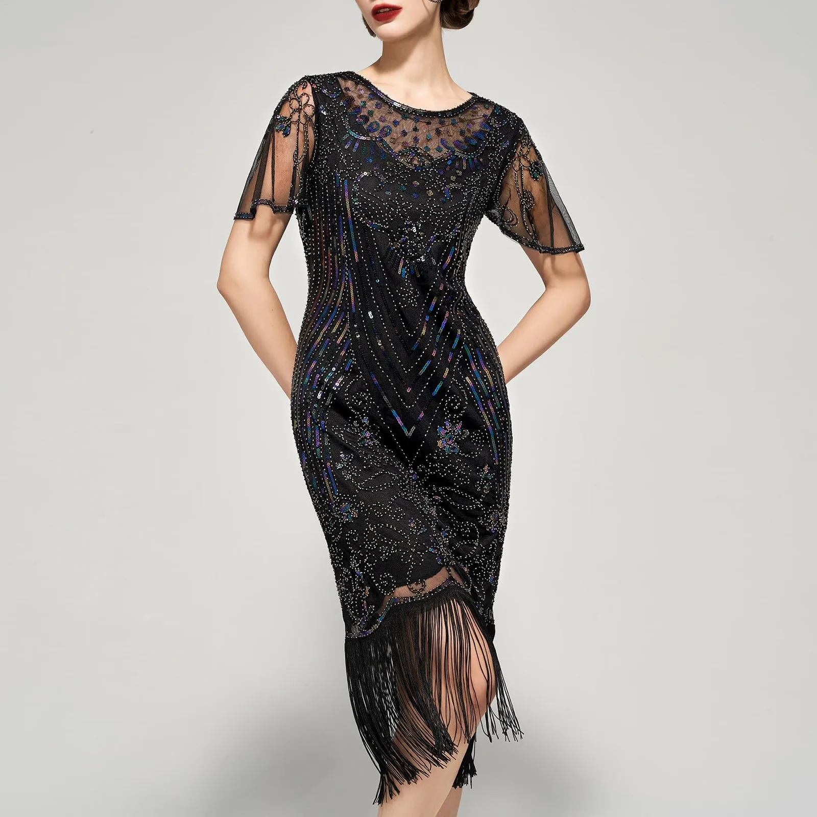 Abiti flapper da donna Anni '20 Paillettes Art Decor Abito da cocktail Gatsby con maniche Abito sexy con scollo a V e frange Abiti eleganti