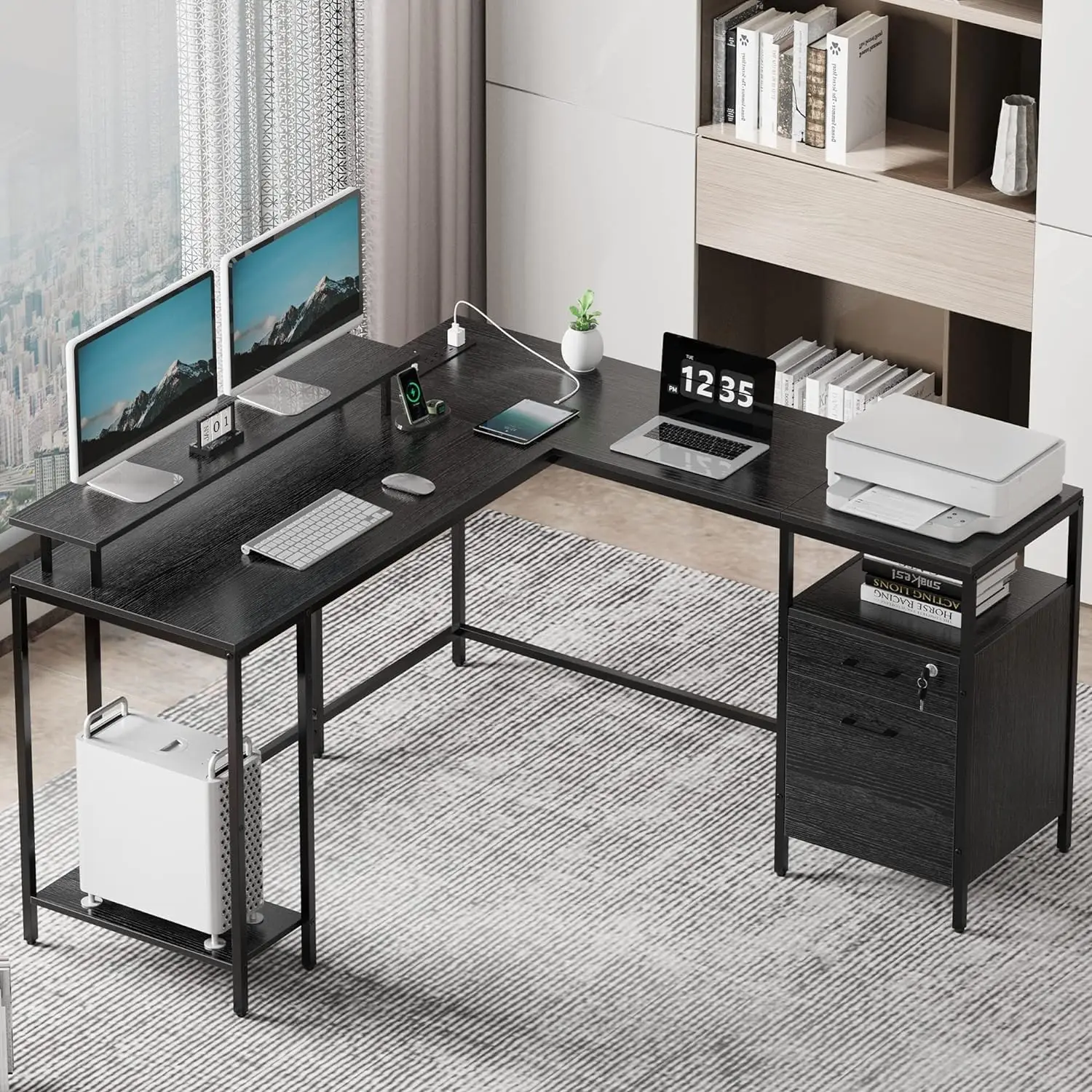 Reversible Computer Desk with Power Outlets & File Cabinet, L Shaped Corner Desk with Monitor Stand & Storage Shelves, Black