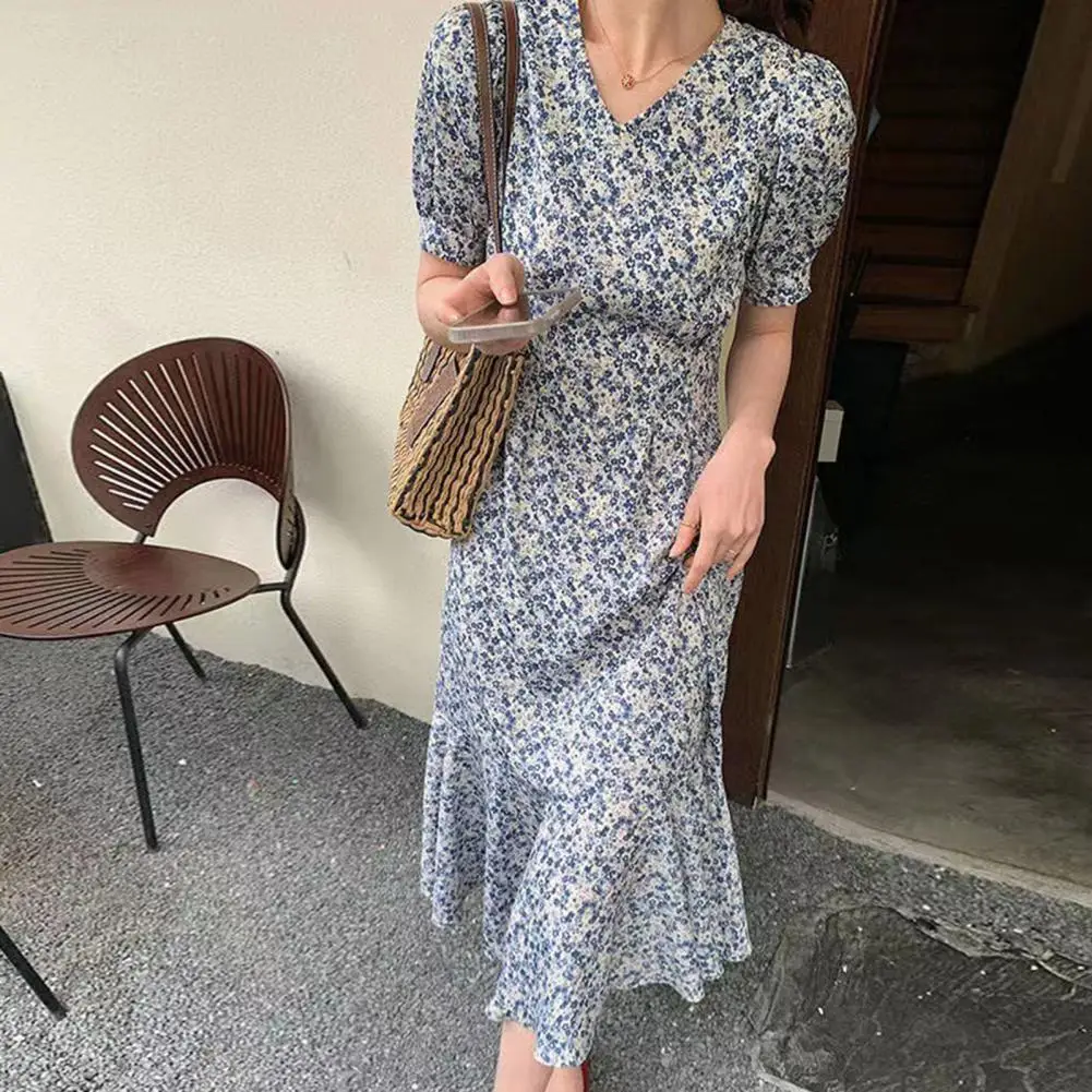 Soft Breathable Dress Elegant V-neck Floral Print A-line Midi Dress with Fishtail Hem Soft Patchwork for Women Stylish Mid-calf