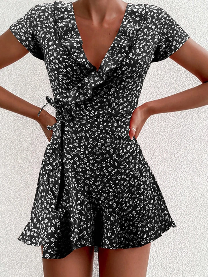 Vestido de Verano para Mujer Corte A-Line Elegante con Flores y Volantes, Escote en V, Corto y Chic 2