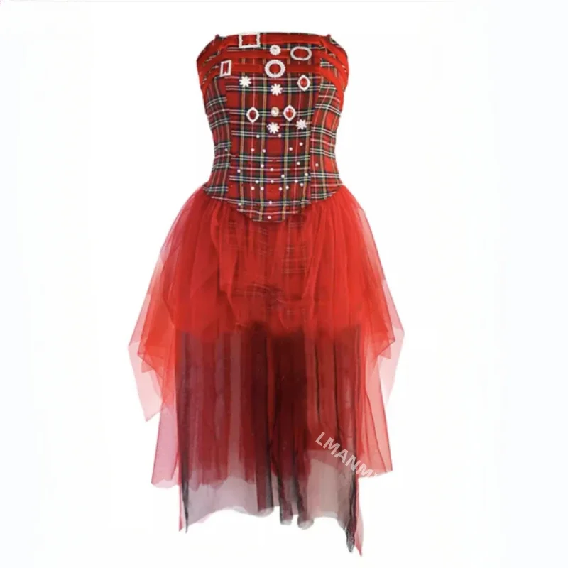 

Сценический костюм для ночного клуба, музыкальный фестивальный наряд Kpop, корейская певица, концертный танец, сексуальное красное клетчатое сетчатое платье без рукавов, лохматое женское платье