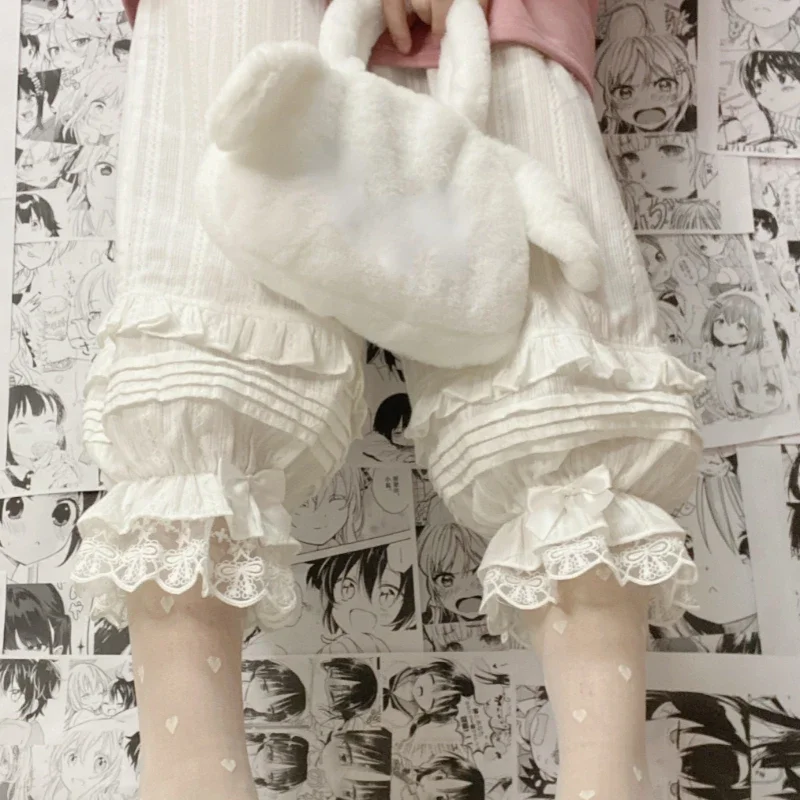 Pantalones Lolita de algodón de estilo japonés para mujer, Leggings holgados de retazos de encaje con lazo Kawaii, lindos pantalones de cintura elástica