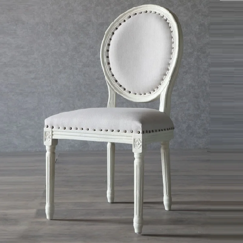 

American Style Princess Study Hotel Chair, Manicure Shop Makeup Chair, Mediterranean Vintage Ivory White Solid Wood Dining Chair