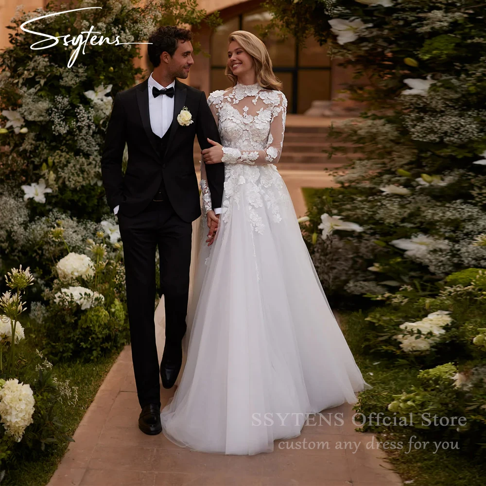 

SSYTENS Vintage Appliques Wedding Dresses 2026 Long Bride Gowns High Neck Illusion Tulle Backless Boho Bridal Dress Customized