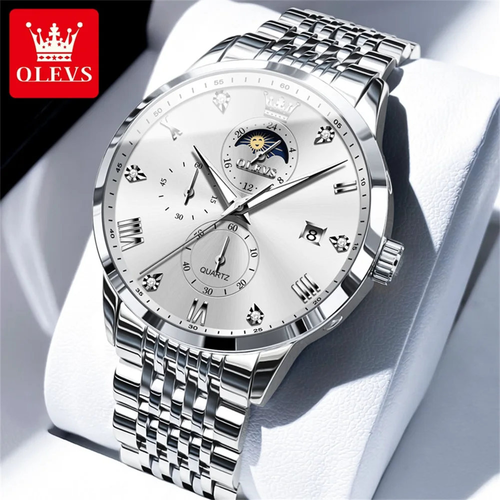 OLEVS Watch for Men Diamond Business Dress Analog Quartz moon phase Waterproof Luminous Date Two Tone Luxury Wrist Watch