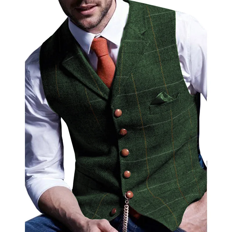 

Plus Size Men's Formal Suit Vest V-Neck Tweed Plaid Waistcoat Business Tank Top Vests Wedding Groom and Best Man Slim Fit Vest