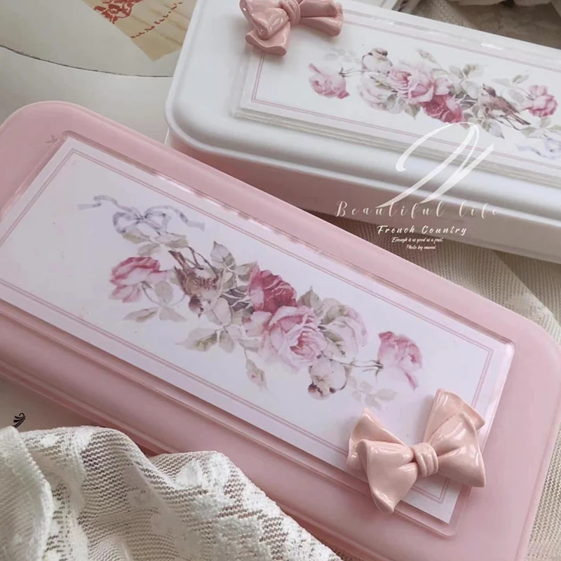 Korean Stationery Box New Girls Makeup Brush Storage Box Elegant Pink Bow Retro Room Decor Student Supplies Storager Organizer