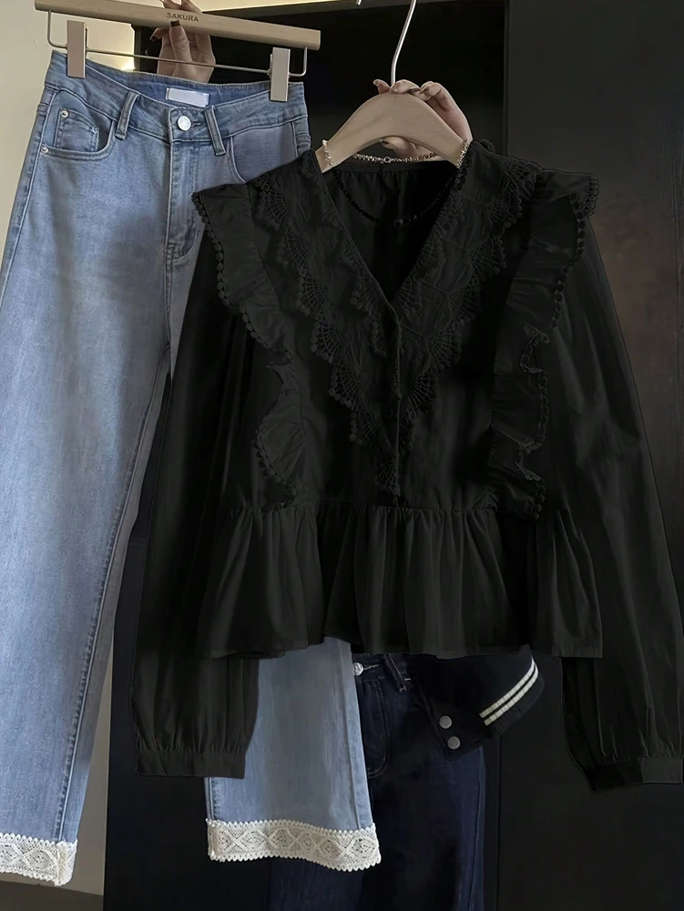 حجم كبير عادية بلون الدانتيل المرقعة تكدرت كم طويل أعلى 2025 الخريف وصول جديد الموضة اليومية