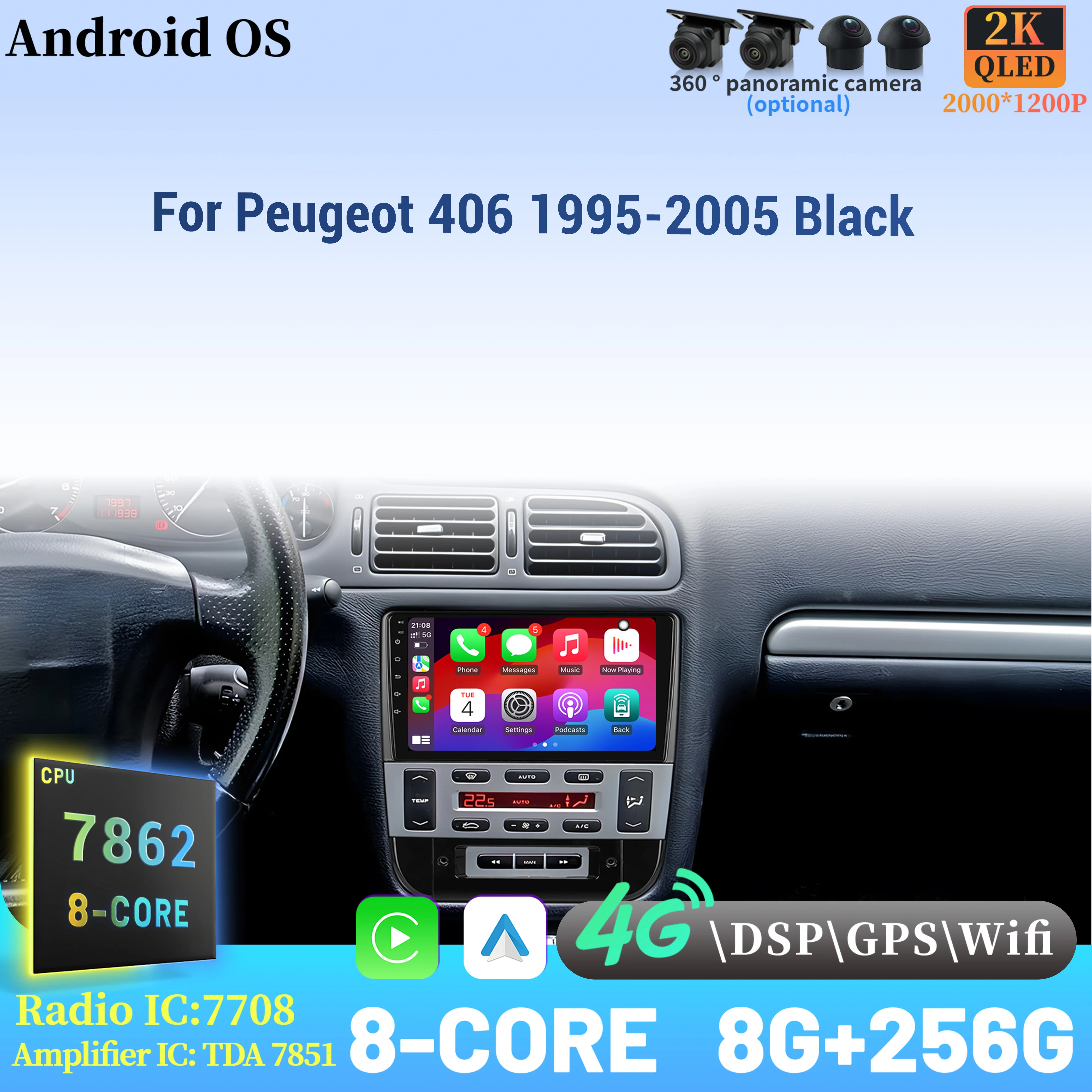 

For Peugeot 406 1995-2005 Black Wireless CarPlay Android 14 Radio Car Multimedia Player Touch 2K Screen