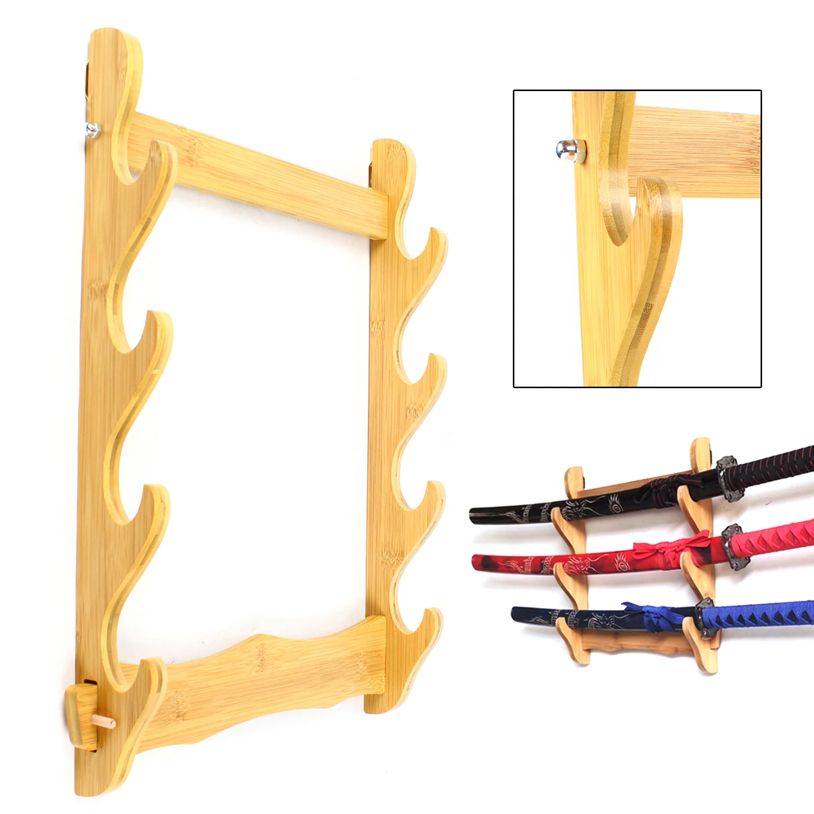 4-Tier Wall Mount Sword Stand, Bamboo Construction, Strong Bearing Capacity (44.09 lbs), Stylish Log Color, Easy Installation,