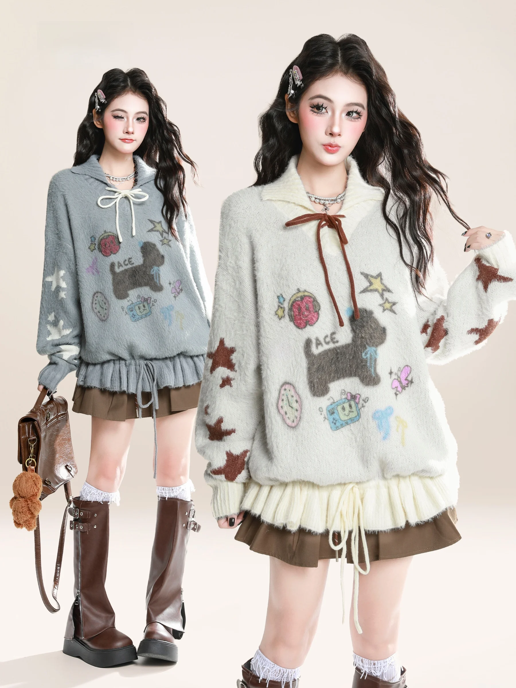 

HM American Retro Cartoon Dog Knitted Sweater Women's Autumn Winter Loose Ne Overhead Knitted Top Warm Soft Medium N...