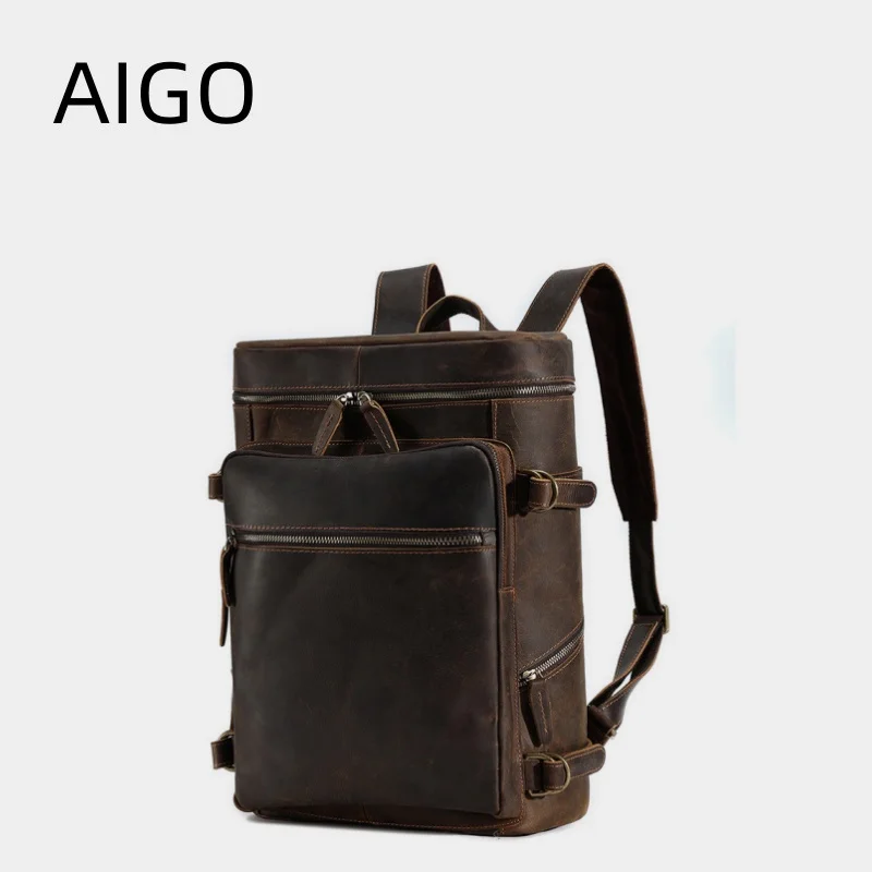 

AIGO Vintage Genuine Leather Men's Backpack Large Capacity Shoulder Bag Crazy Horse Leather Male Laptop Travel Backpacks Mochila