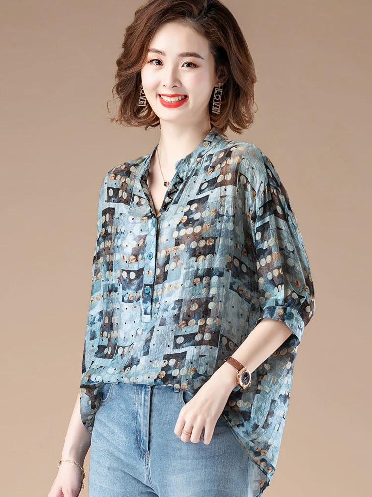 

0610 Women Shirts Summer Printing Half Sleeves V-Neck Loose Casual Versatile Office Lady Tops Thin Breathable Female Blouses New