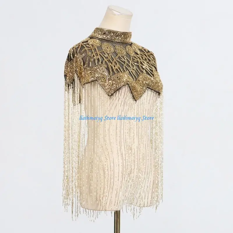 

573B Handmade Beaded Scarf Shoulder Wrap Shawl Ancient Cloud Shoulder Design Long Tassels Round Neck for Fashion