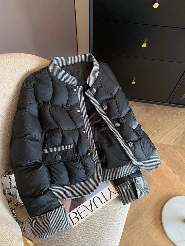 

Ретро-пальто из хлопка с ромбовидным узором и цветовыми блоками для женщин, осенне-зимнее, элегантное, премиум-класса, с воротником-стойкой