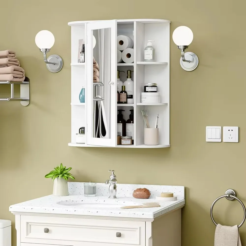 Bathroom mirror cabinet wall mounted, white bathroom wall cabinet, bathroom with mirror and adjustable internal shelves