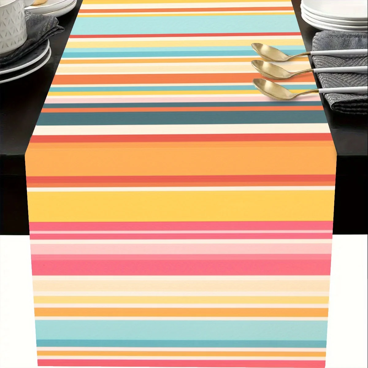 1pc Retro Rainbow Stripe Table Runner Single Sided 2D Print Vibrant Home Kitchen Dining Room Summer Vibe Decor Party Table Decor