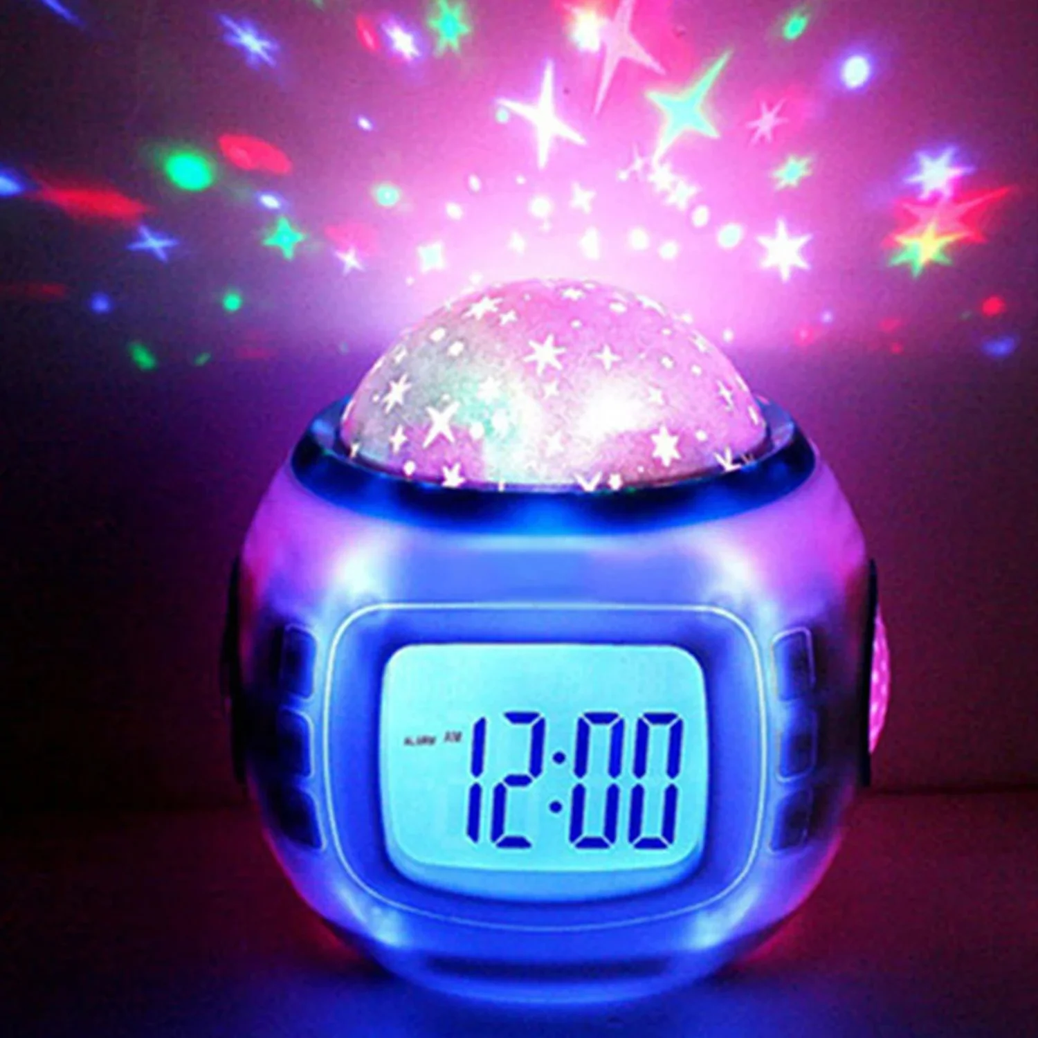 Starry Projector Lamp Alarm Clock with Calendar, Thermometer, Night Light