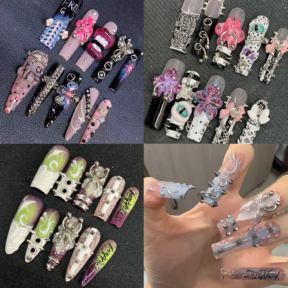 

Europe America Spice Girl Handmade Long Square Stilettos Fake Nails Metal Rivet Chain Flowers Lips Bowknot Diamond Press On Nail