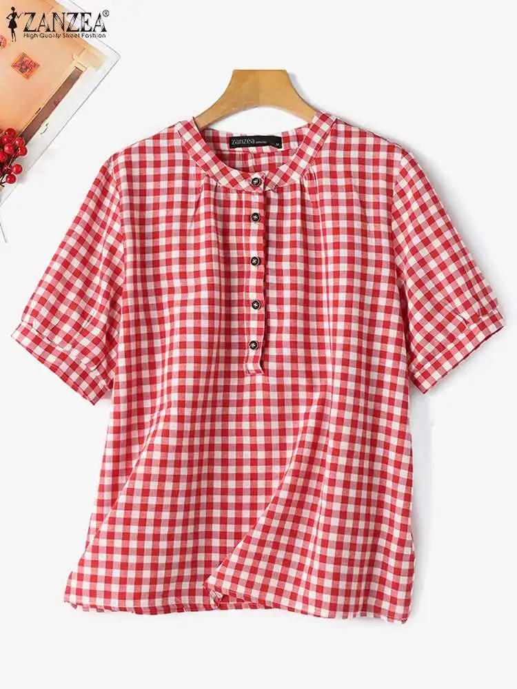 Vintage Women Half Sleeve Plaid Checked Blouse ZANZEA 2024 Summer Casual Loose Shirt Fashion Holiday Tops Tunic Retro Blusas