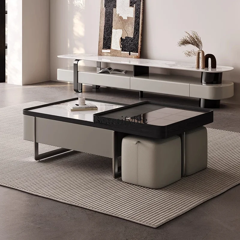 

LXMedieval Italian minimalist rock slab square coffee table telescopic with stool creativitySSS