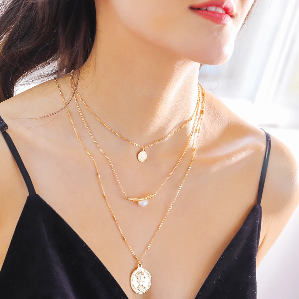 Vintage Fashion Boho Vintage Gold-plate Slub Chain Faux Pearl Head Coin Necklace For Women New Multilevel Choker Jewelry Gift