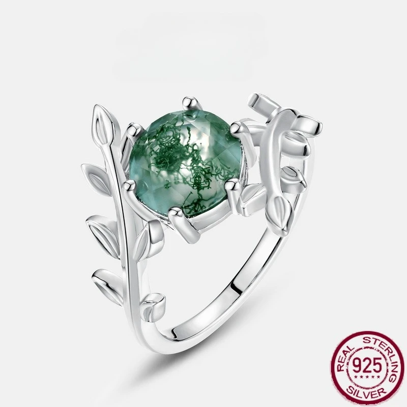 

New S925 Pure Silver Natural Watercolor Agate Finger Ring Set with Green Moss Stone Olive Branch Ring Wedding Jewelry