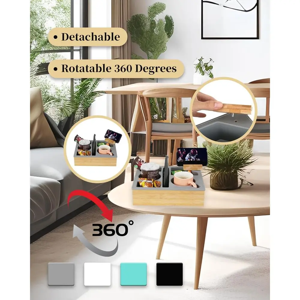 Gray Silicone Bamboo Couch Caddy with Rotatable Phone Holder, Waterproof Sofa Tray for Snacks, Beverages, and Remote Control