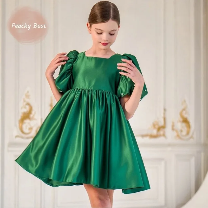 

Baby Girl Princess Pearl Silk Dress Puff Sleeve Infant Toddler Child Solid Vestido Birthday Party Christmas Baby Clothes 1-14Y
