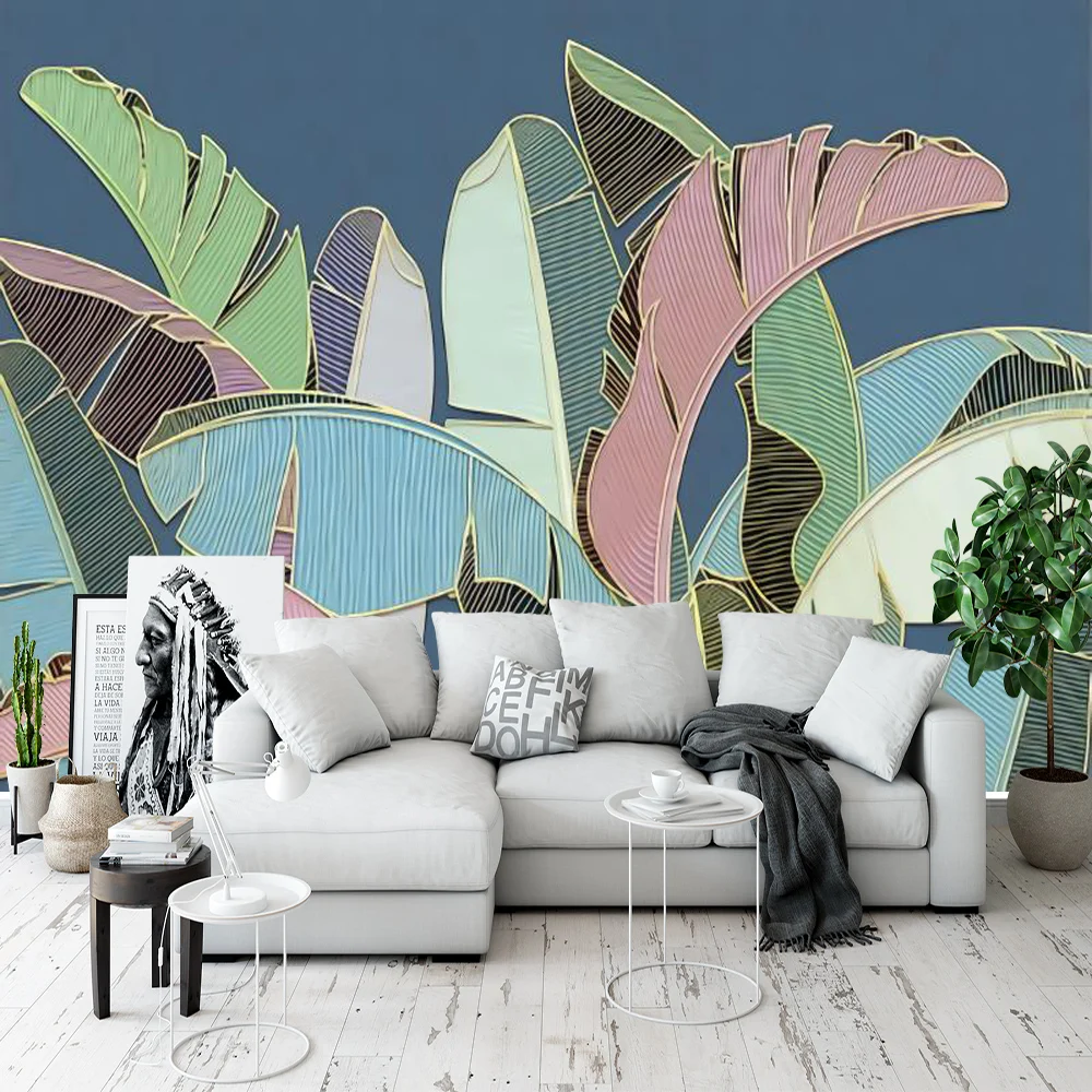 Custom Mural Wallpaper Nordic Tropical Plant Light Luxury Banana Leaf Gold Embossed Line Background Wall Mural Home Decoration