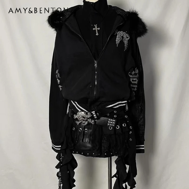 

Original American Retro Design Black Hooded Women's Sweatshirt Autumn New Y2K Gothic Dark Versatile Long Sleeve Jacket Ladies