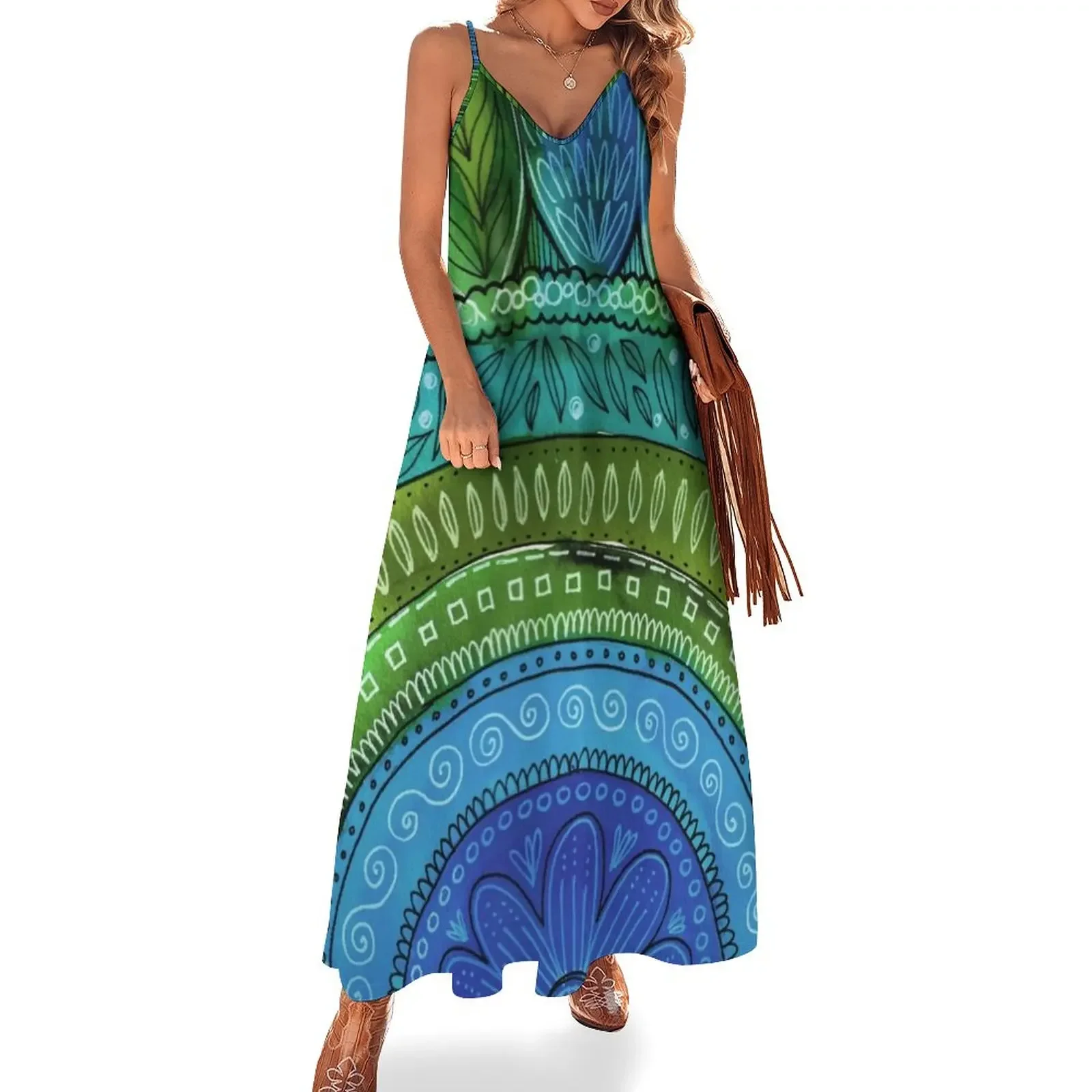 

Blue + Green Leafy Mandala Sleeveless Dress Casual dresses dress korean style cocktail dresses dresses with long sleeves