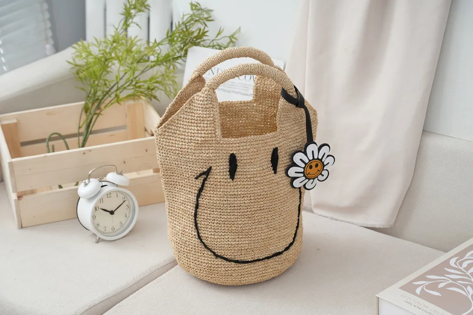 2026 Raffia Hand-Woven Straw Beach Bag Smile Face Embroidery Woven Basket Handmade Bucket Bag with Woven Handle
