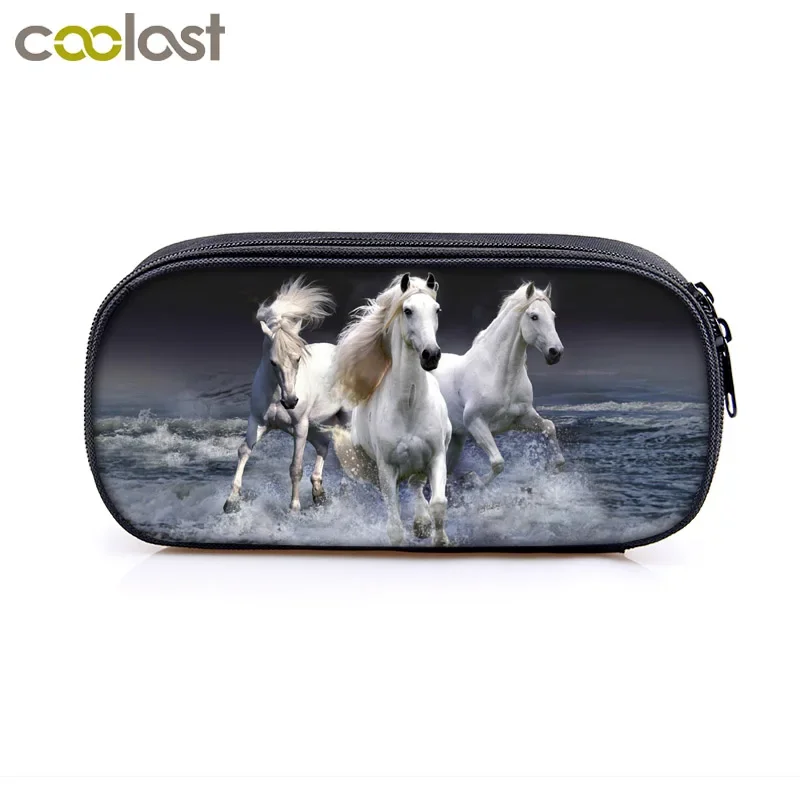 Elegant Animal Horse Print Cosmetic Cases Pencil Bag Boys Pony Pencil Box Children Stationary Bags Kids School Supplies